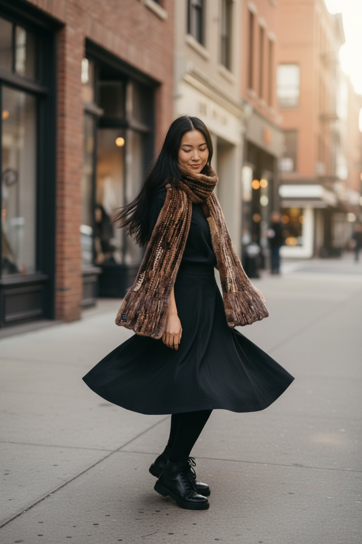 Woman in a black dress with a knitted mink fur scarf by FurbySD walking on a city street.
