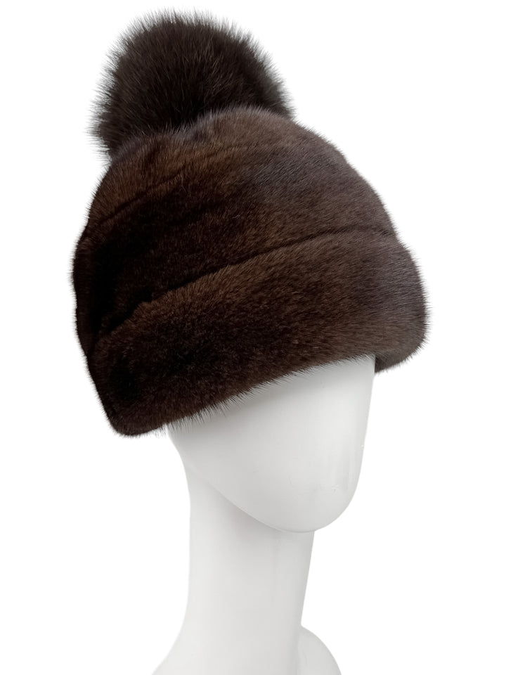 Handmade Real Mink Fur Hat With Fox Pom Pom In Brown