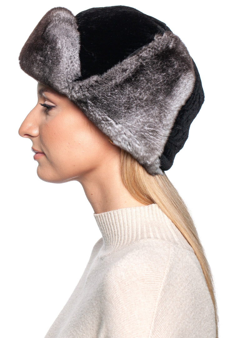 Black Winter Hat with Lamb and Rabbit Fur