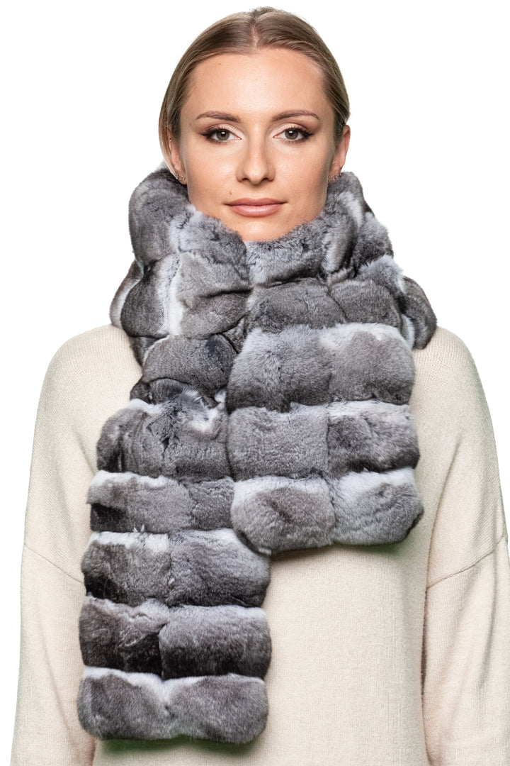 Front close-up – thick chinchilla fur scarf wrapped around neck, luxury unisex winter fur accessory in grey tones.