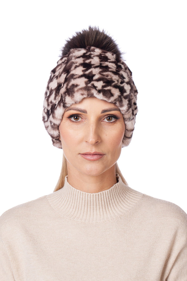 Houndstooth Mink Fur Hat With Fox Fur Bobble