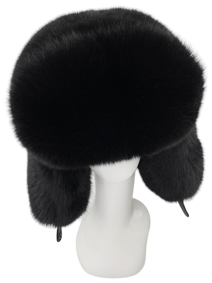 Full Fox Fur Ushanka Trapper Hat In Black
