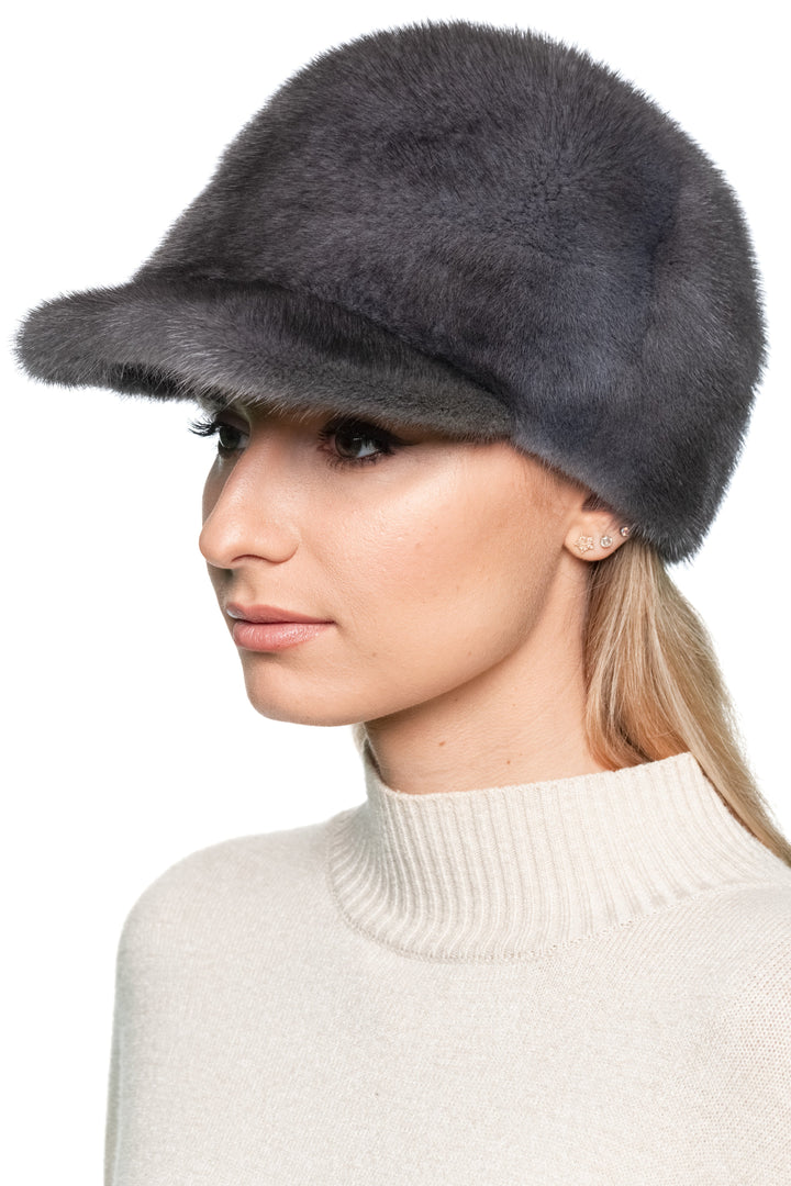 Grey Mink Fur Baseball Cap – Luxury Real Fur Hat with Brim.