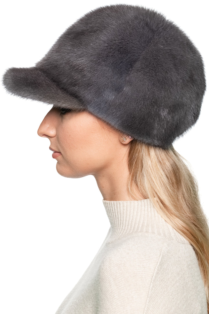 Grey Mink Fur Baseball Cap – Luxury Real Fur Hat with Brim
