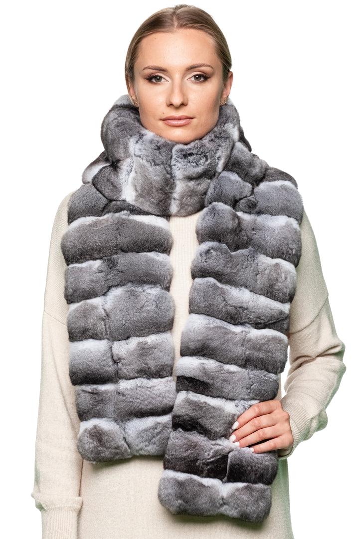 Front view – model wearing long genuine grey chinchilla fur scarf with striped design, handmade unisex winter accessory for men and women.