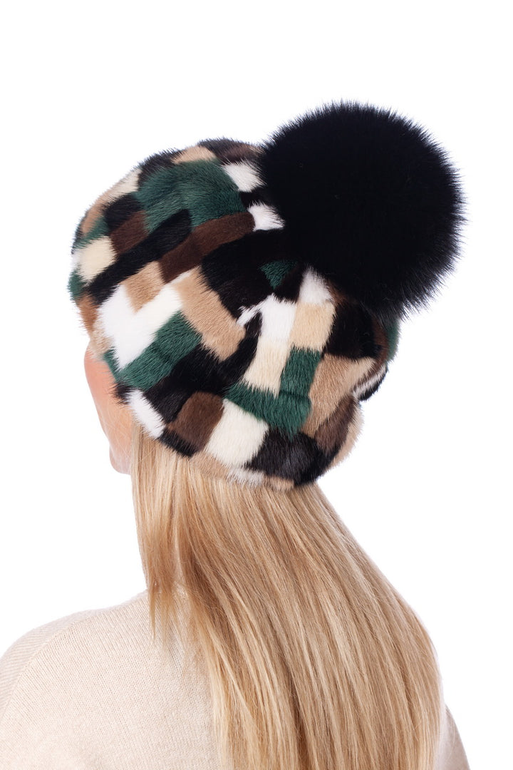 Checkered Mink Fur Hat With Fox Fur Pom Pom