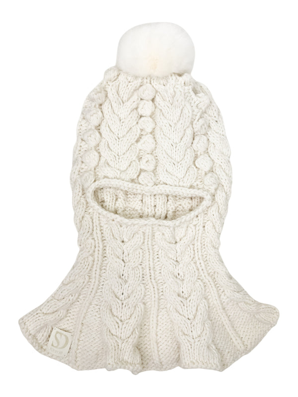 Ivory White Merino Balaclava With Chinchilla Fur Pom Pom