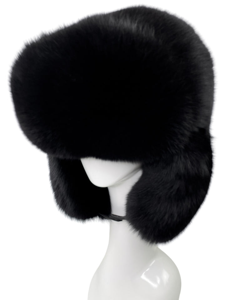 Large Black Full Fox Fur Earflap Trapper Hat