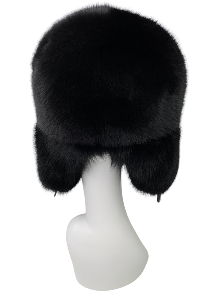 Large Black Full Fox Fur Trapper Hat