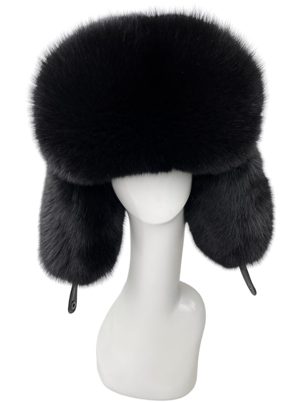 Large Black Full Fox Fur Ushanka Trapper Hat