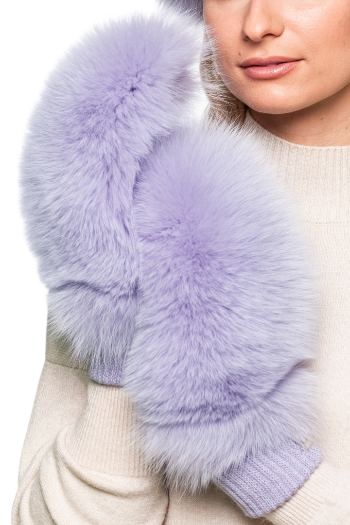 Cozy women’s purple fox fur gloves with knit cuffs, handmade real fur mittens combining leather and fur for elegant winter fashion.