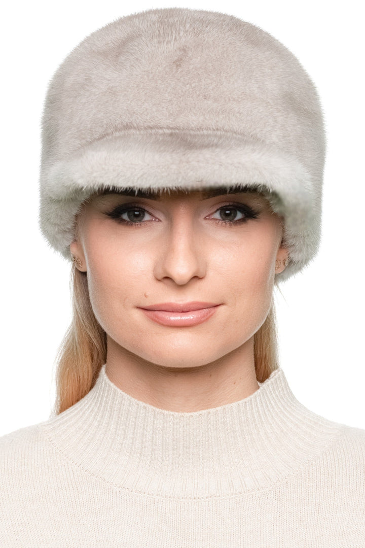 Front view of light beige mink fur baseball cap, handmade luxury real fur hat with structured brim, warm unisex winter cap by FurbySD.