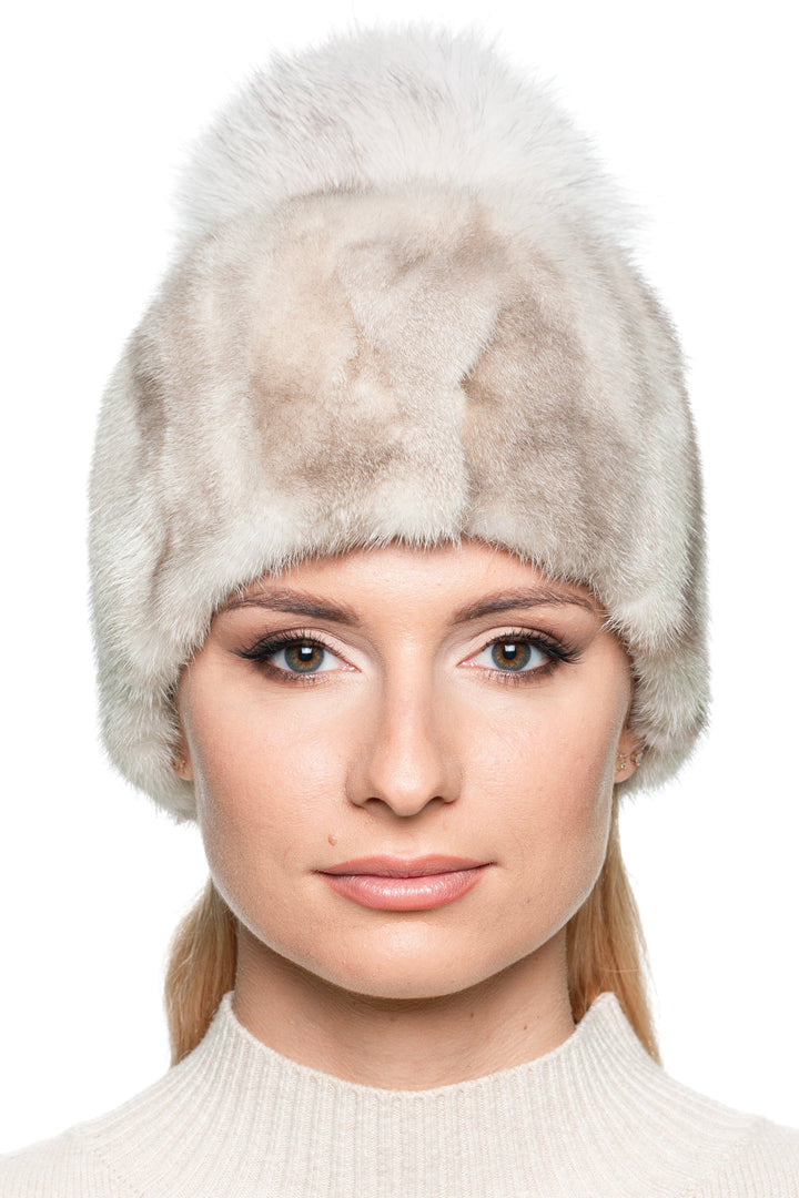 Light Beige Patched Mink Fur Hat With Fox Bobble S Beige