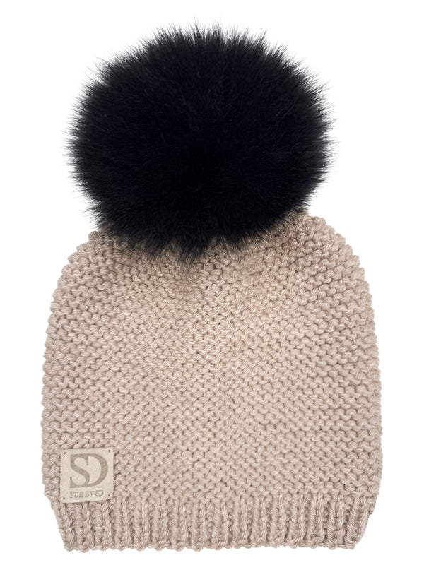 Light Nougat Beanie With Black Fox Fur Pom Pom