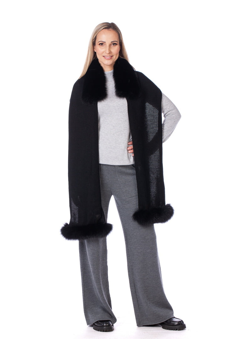 Long Merino Wool Scarf with Black Fox Fur Trim Collar