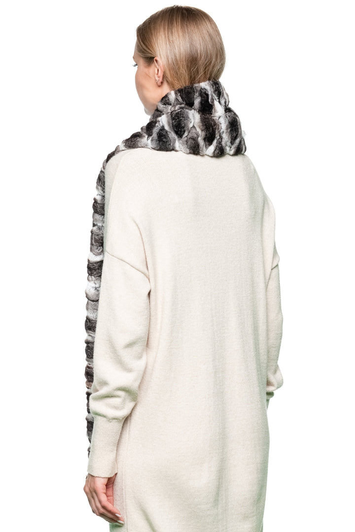 Back profile view of real chinchilla fur scarf, extra long and wide, luxury winter fashion accessory for women, handmade in Lithuania by FurbySD.