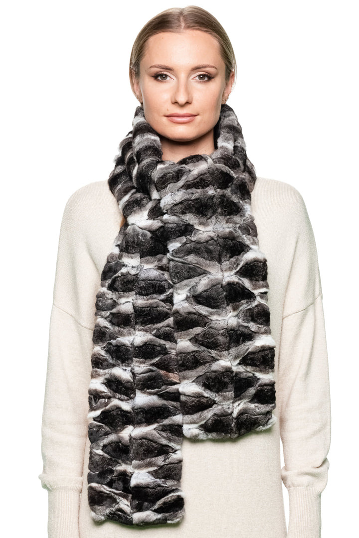 Woman styling genuine chinchilla fur scarf wrapped around neck, luxury handmade fur winter scarf, timeless cold-weather accessory by FurbySD.