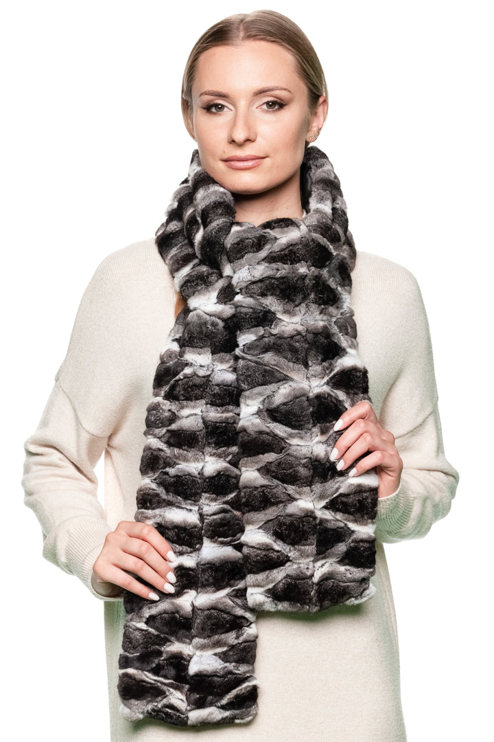 Model wearing long chinchilla fur scarf wrapped in front, fluffy lightweight fur accessory, handmade luxury fashion piece for winter by FurbySD.