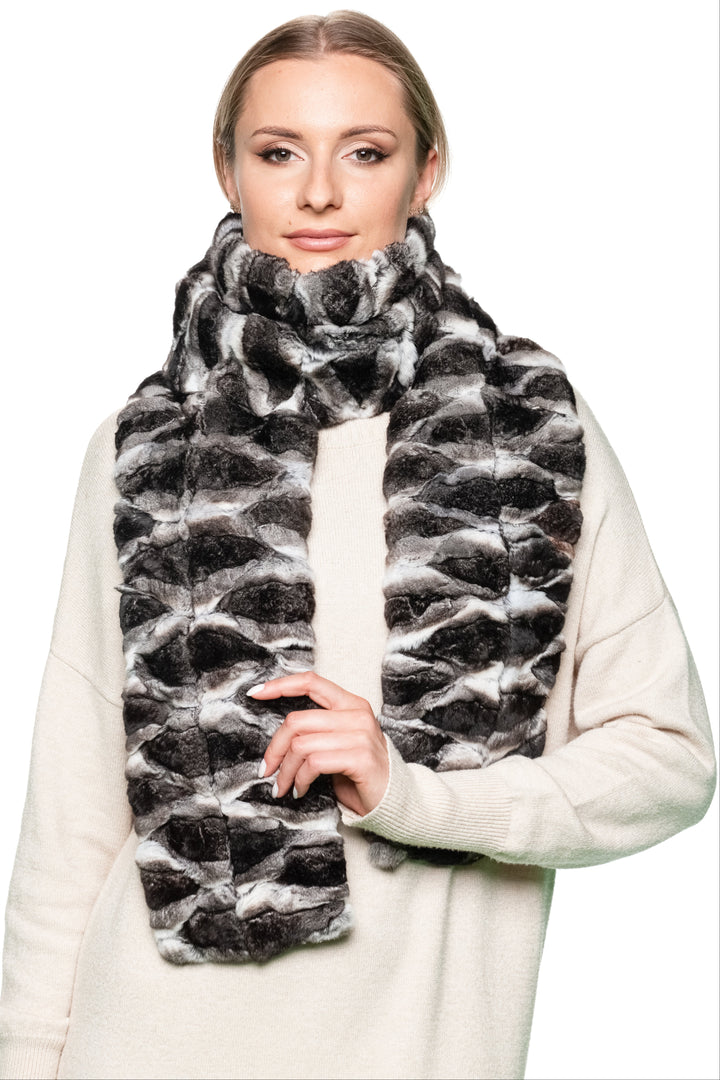 Model wearing long chinchilla fur scarf draped in front, fluffy lightweight fur accessory, handmade luxury fashion piece for winter by FurbySD.