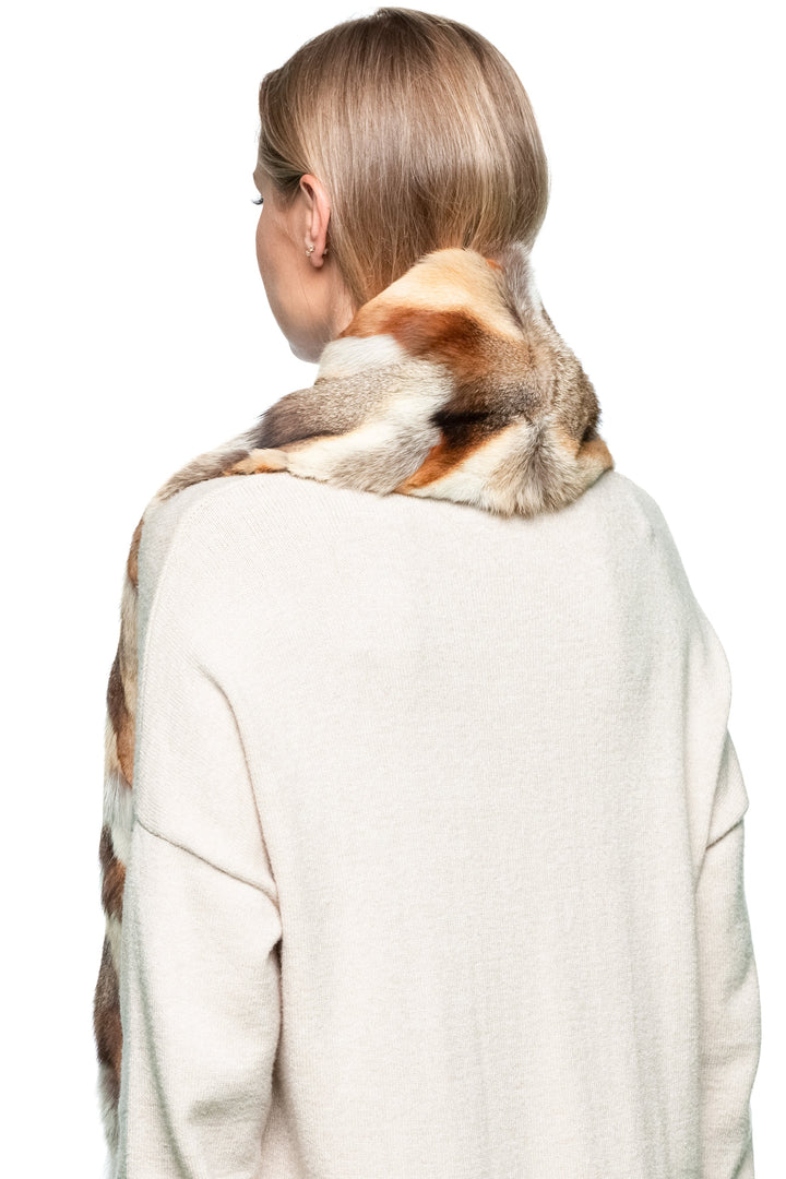 Back view of real red fox fur scarf with herringbone pattern, highlighting craftsmanship and natural tone variations.