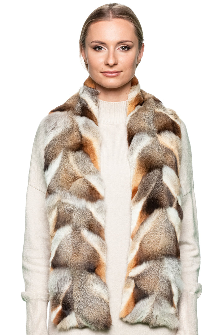 Long red fox fur patchwork scarf with herringbone pattern in natural earth tones, handmade luxury real fur winter scarf by FurbySD.