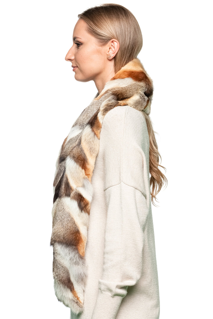 Side view of real fox fur scarf showing natural patchwork texture and color gradient, handmade luxury neck warmer by FurbySD.