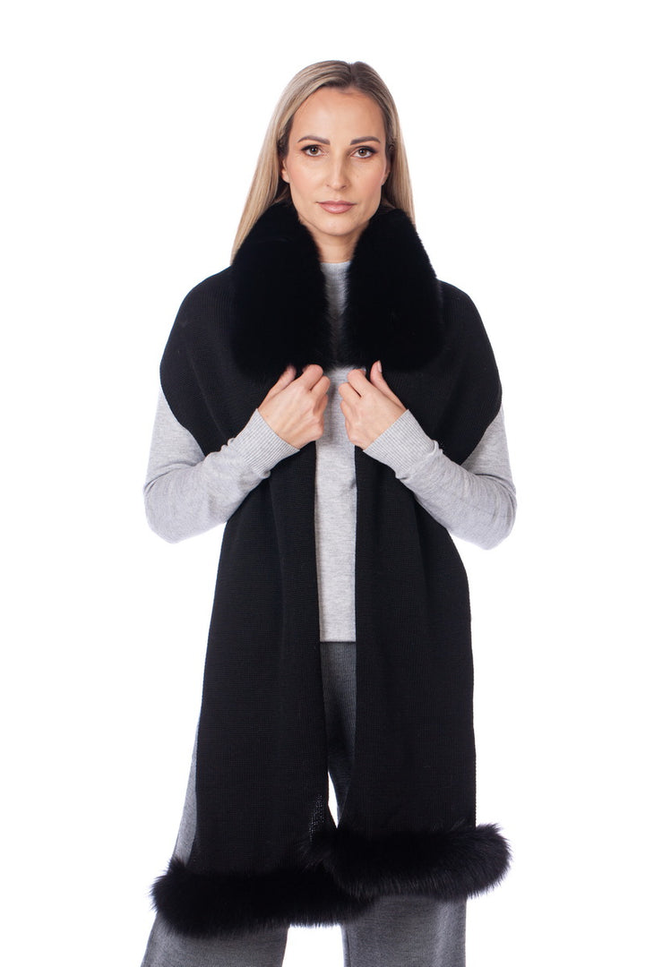 Luxurious Black Fox Fur-Trimmed Wool Scarf
