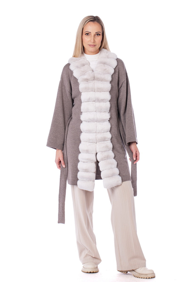 Chinchilla Fur Trim Beige Cashmere Cardigan