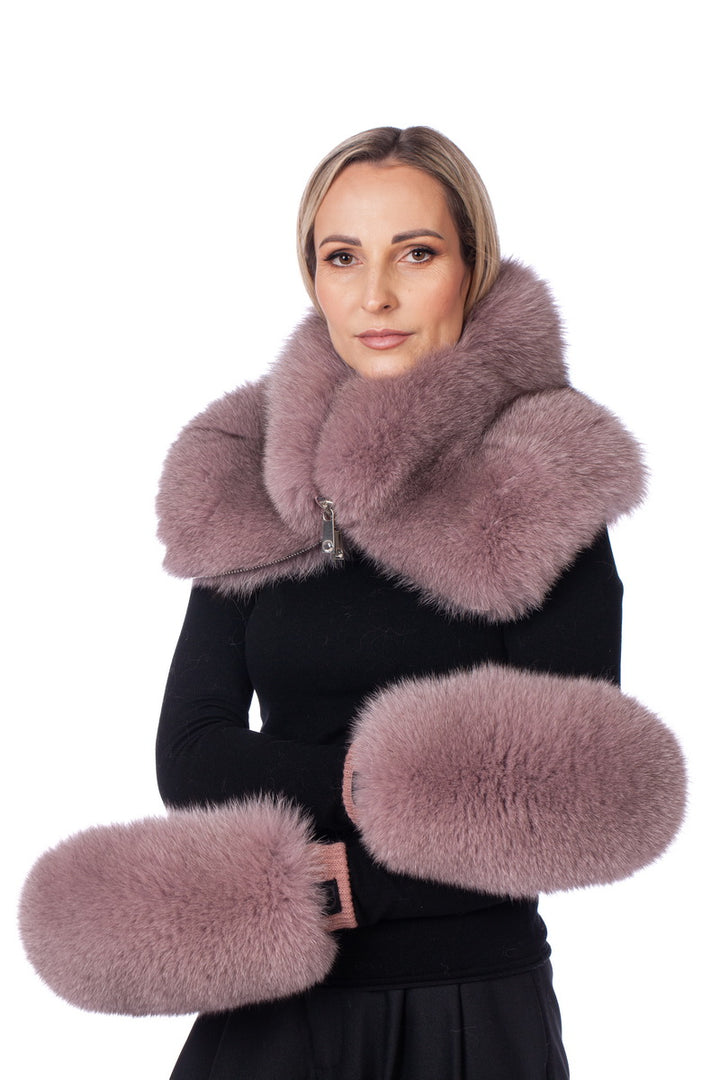 Luxurious Dusty Pink Fox Fur Collar Scarf And Mittens