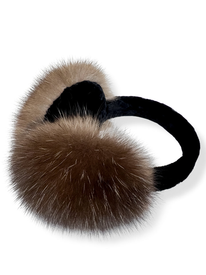Barguzin Sable Fur earmuffs with black South African Lamb Fur band on a white background.