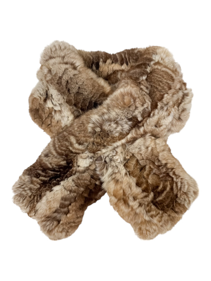 Luxurious brown chinchilla fur knitted scarf draped loosely over the white background.