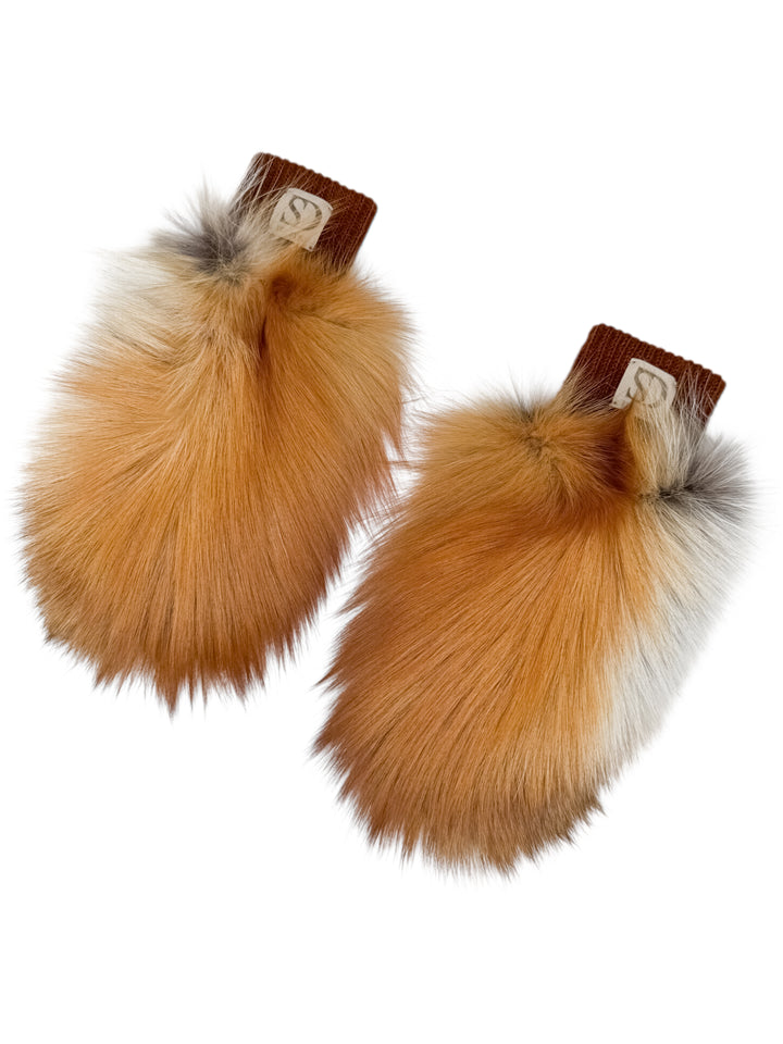 Red fox fur mittens with leather palms and wool lining, luxury women’s winter mittens handmade by FurbySD, fluffy natural fox fur gloves.
