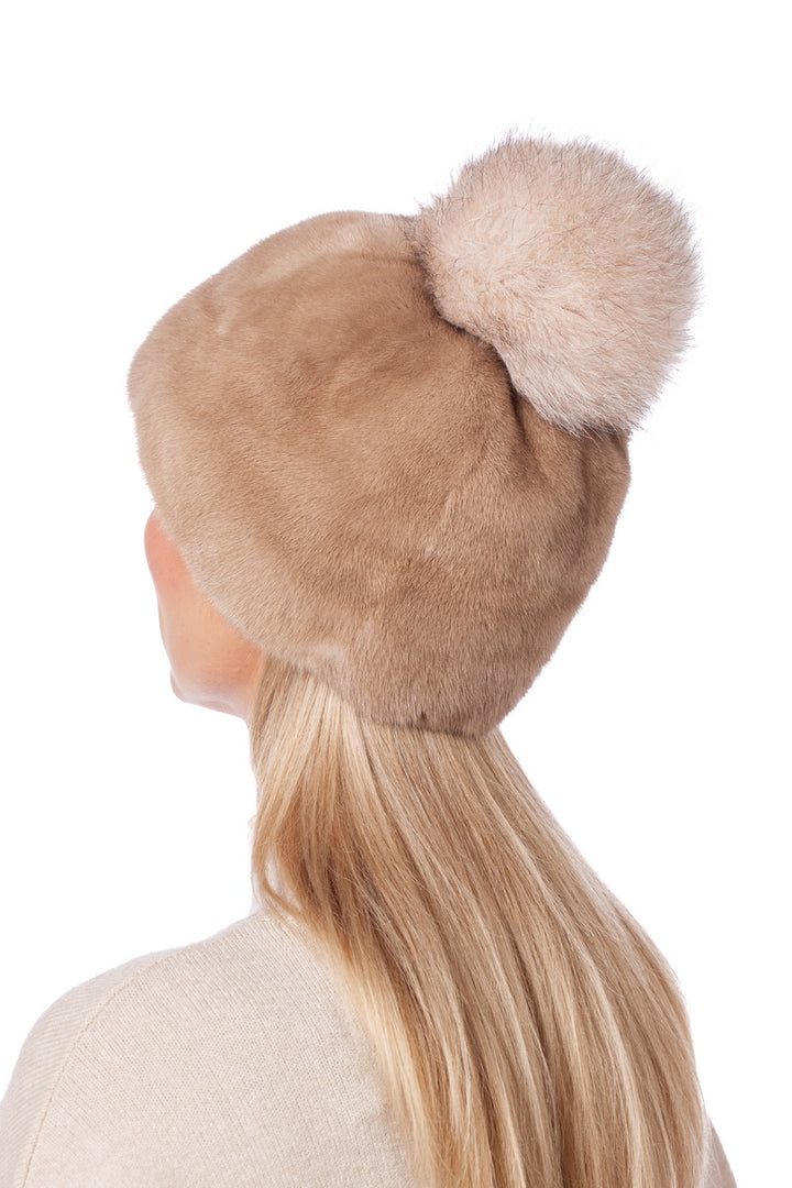 Luxury Beige Mink Fur Beanie Style Hat With Soft Beige Fox Fur Tassel