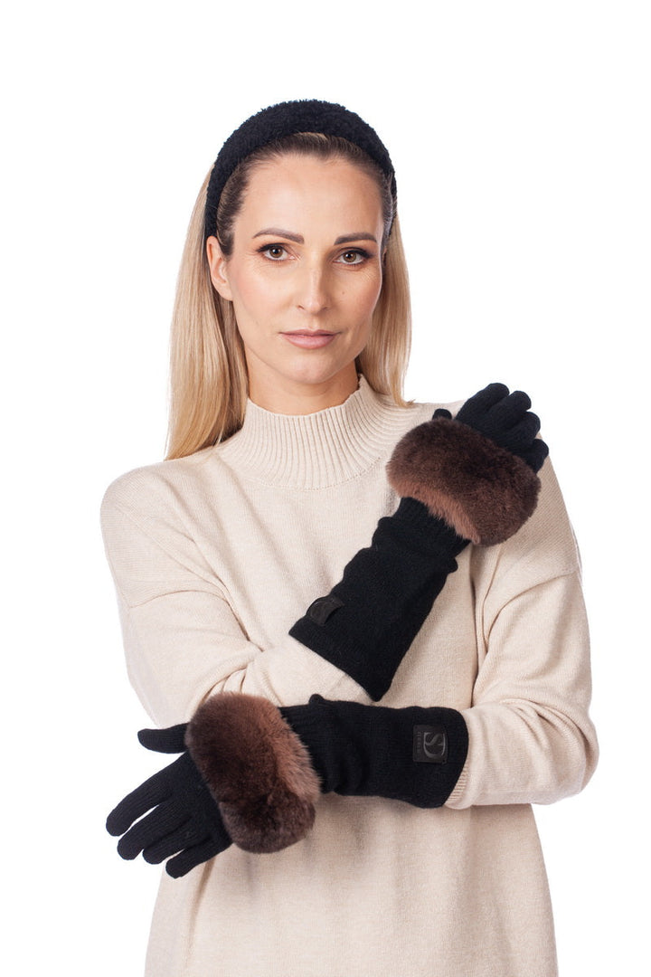  Luxury Brown Chinchilla Fur And Cashmere Gloves In Black