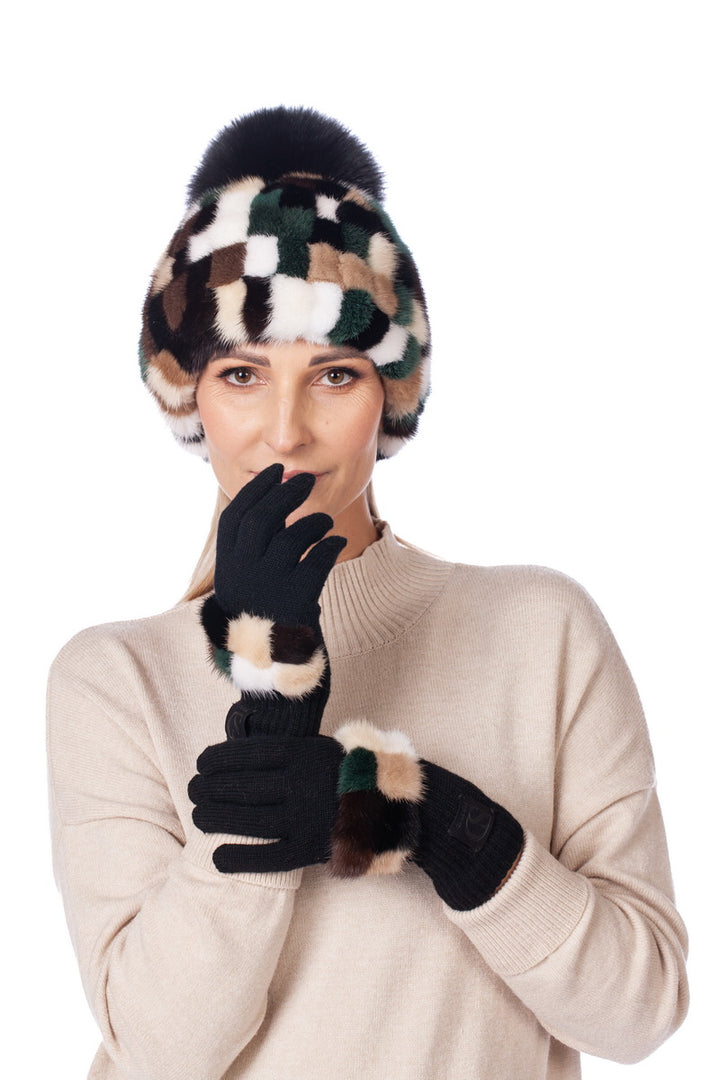 Luxury Checkered Mink Fur Hat And Matching Gloves Set