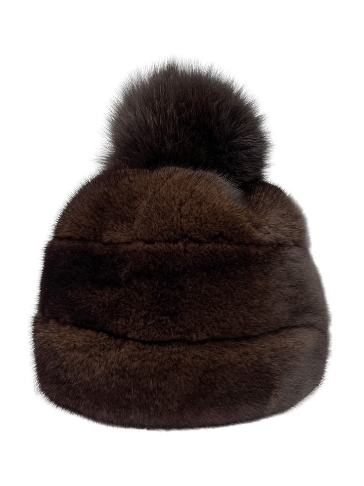 Luxury Handmade Brown Mahogany Mink Fur Hat With Fox Pom Pom