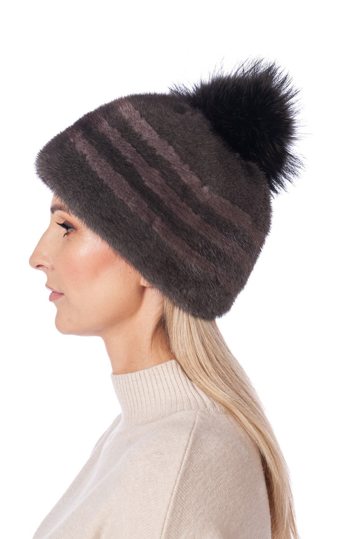 Luxury Handmade Mink Fur Hat With Real Fox Fur Pom Pom In Brown