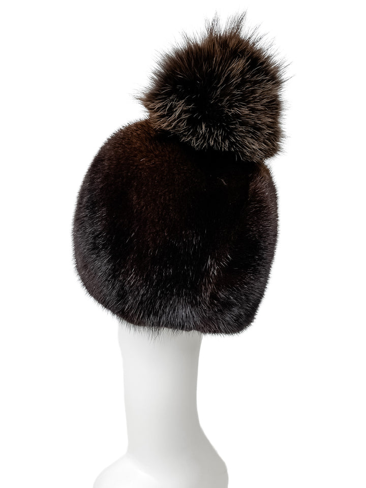 Luxury Handmade Reddish Brown Mink Fur Hat With Fox Fur Bobble