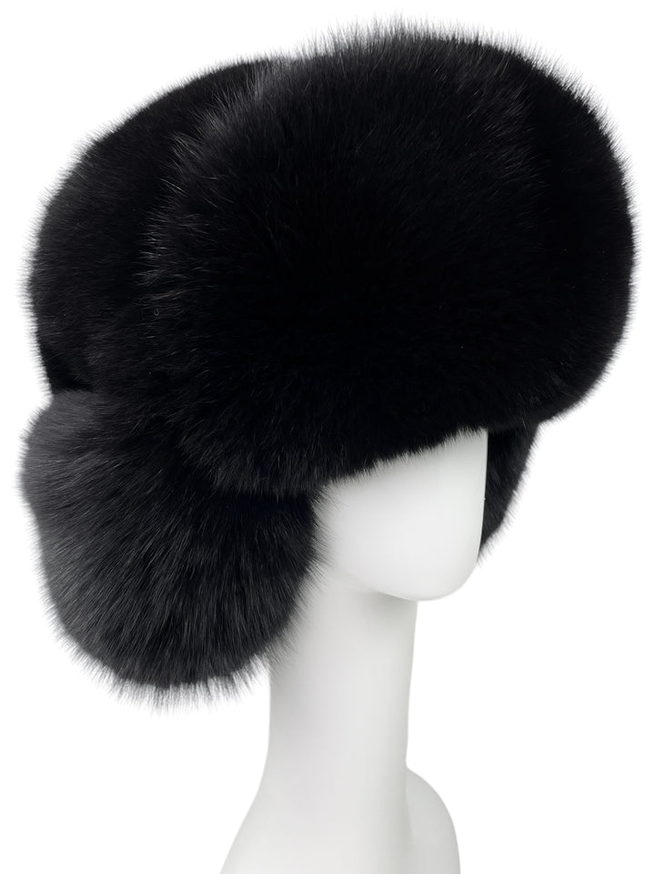 Luxury Large Black Full Fox Fur Ushanka Trapper Hat