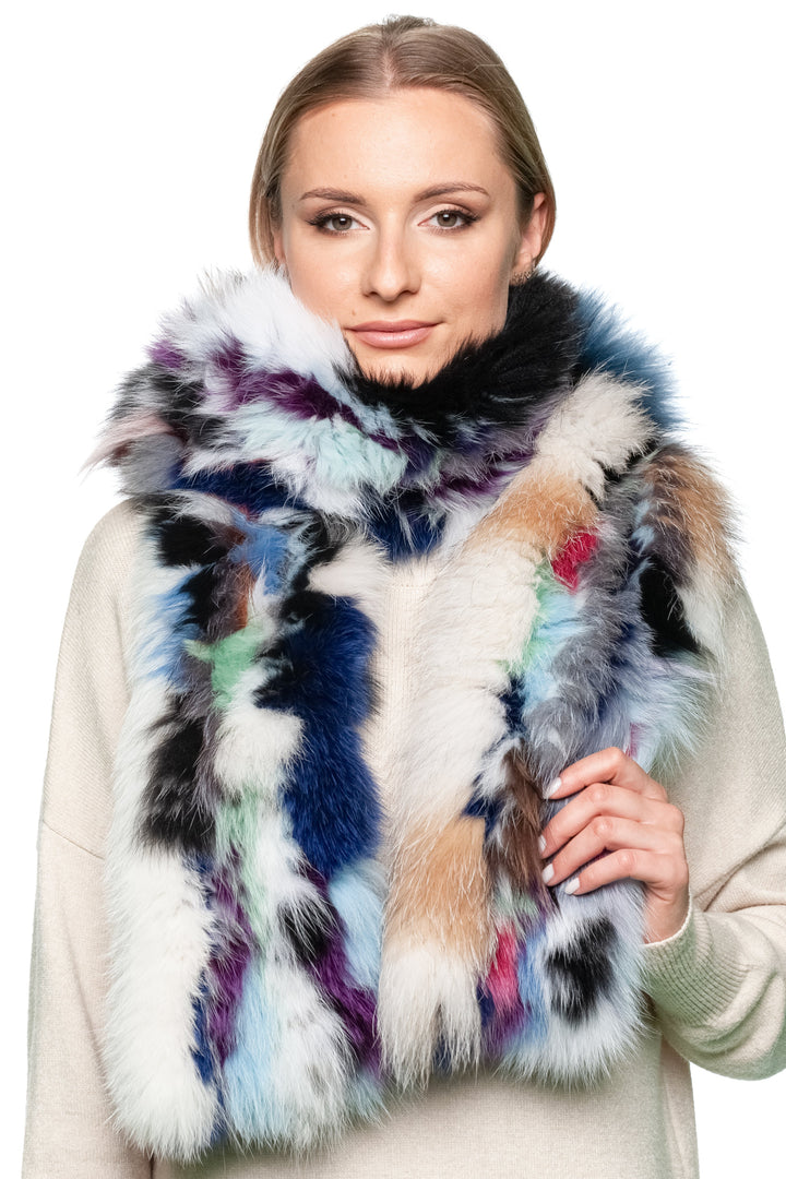 Winter fashion look featuring long fluffy fur scarf by FurbySD, styled with minimalist dress.