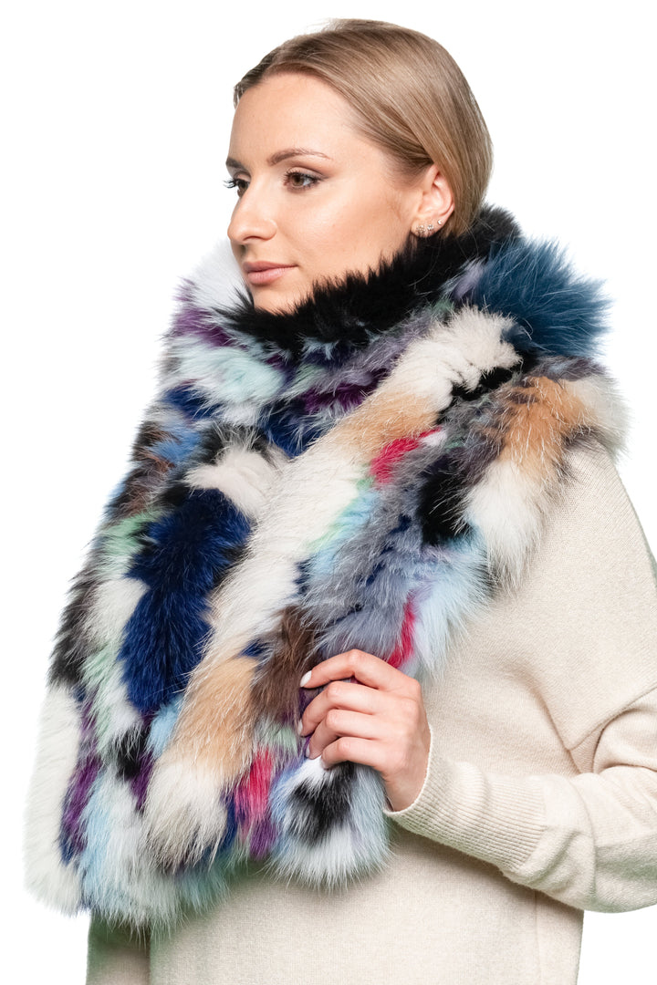 Fox fur scarf worn as bold fashion statement, wrapped snugly around neck for cold weather elegance.