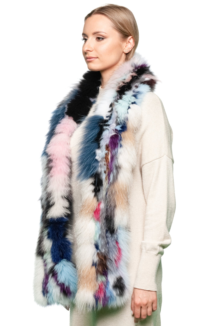 Double-sided real fox fur scarf looped around neck, vibrant colorful design, winter wrap by FurbySD.