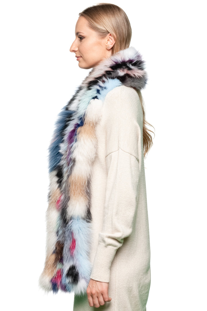 Double-sided real fox fur scarf looped around neck, vibrant colorful design, winter wrap by FurbySD.
