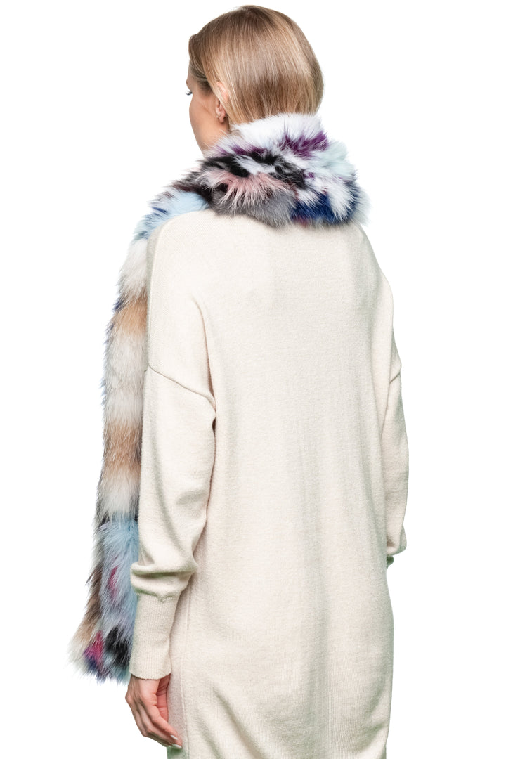 Luxury multicolor fox fur stole wrapped for warmth, showing thick texture and handmade craftsmanship.