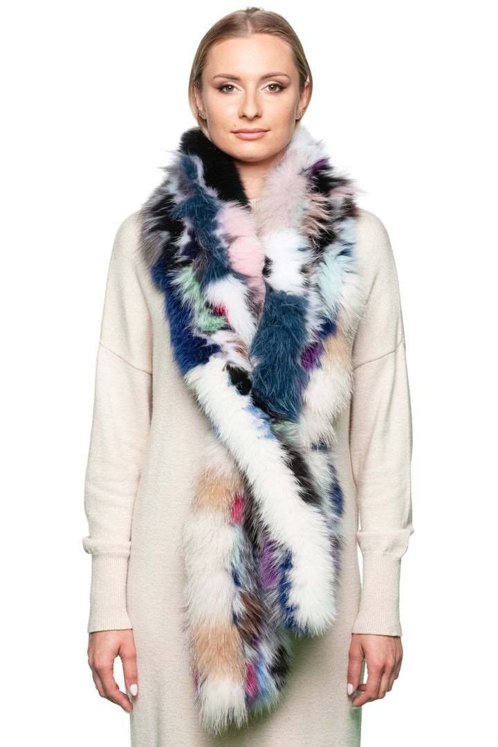 Handmade FurbySD scarf styled as fur collar, tied high around neck for cozy winter layering.