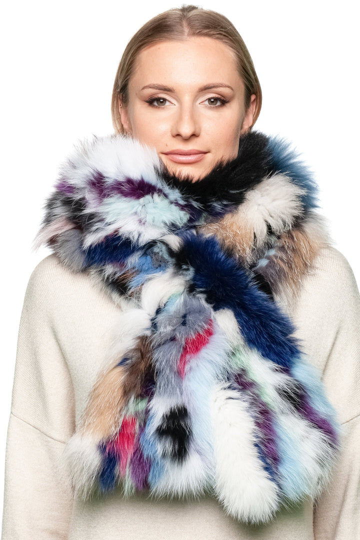 Elegant woman modeling double-sided fox fur wrap from FurbySD, loosely draped over neutral outfit.