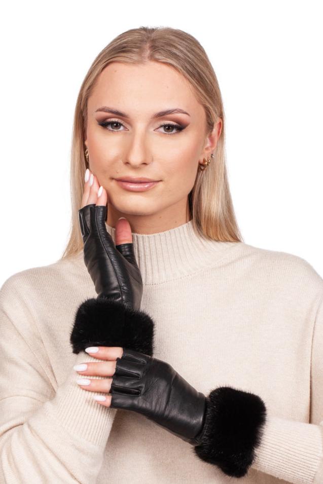 Women's Black Leather Fingerless Gloves With Mink Fur Trim Women's Black Leather Fingerless Gloves With Mink Fur Trim