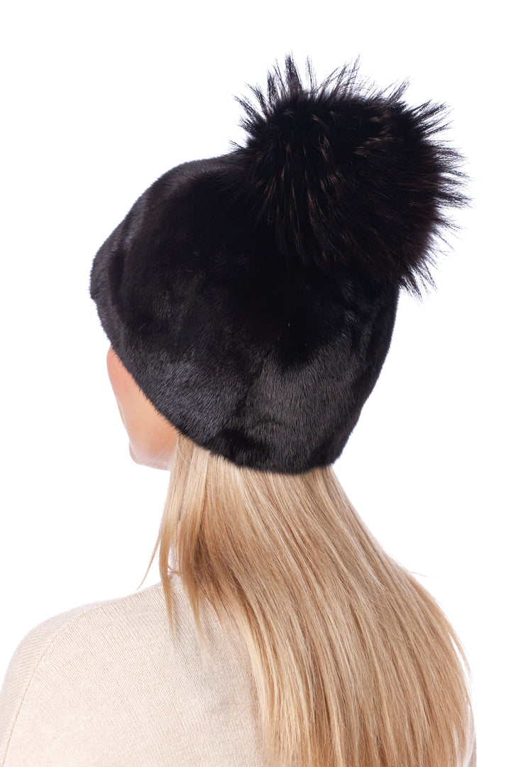 Mahogany Dark Brown Mink Fur Hat With Large Fox Fur Bobble