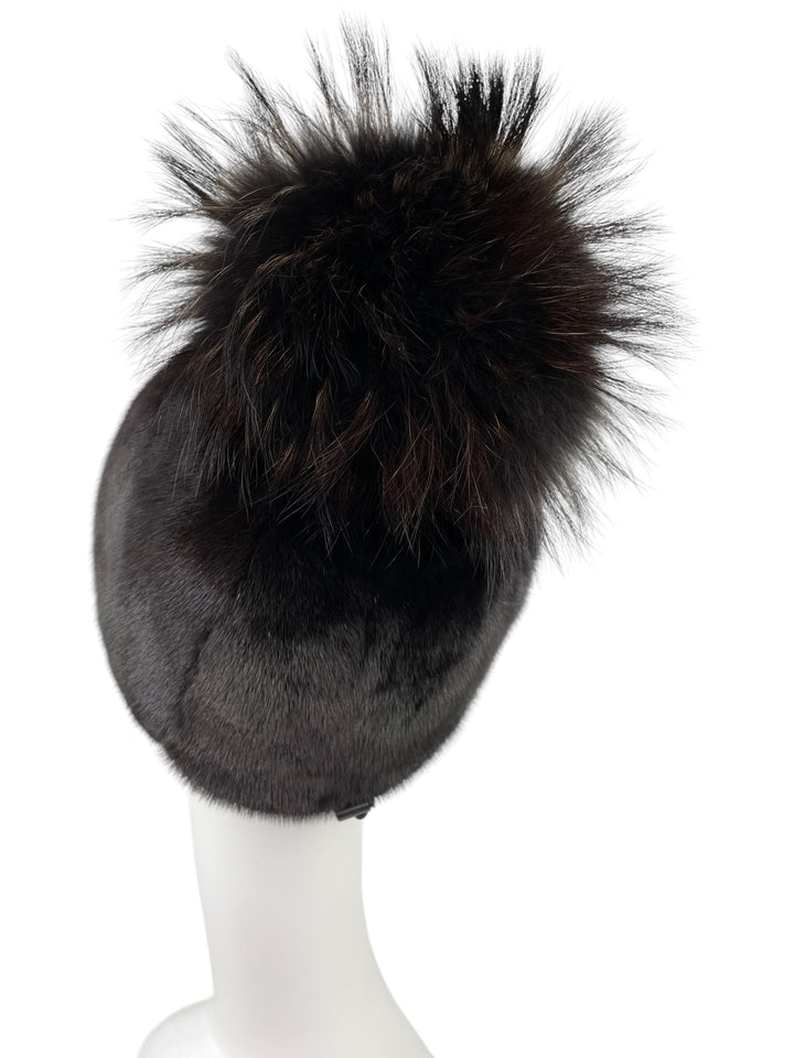  Mahogany Mink Fur Hat With Luxury Large Fox Fur Pom Pom