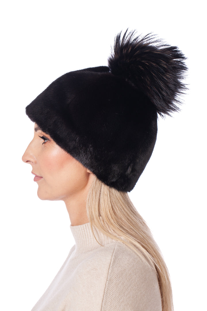 Mahogany mink fur hat with fox fur pom pom
